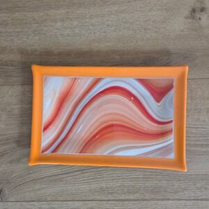 70s Handblown Orange Swirl Rectangular Trinket Dish‎ Jewelry Tray Catch All Dish